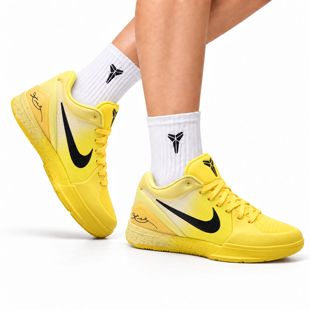 Nike Kobe Yellow Black basketball shoes, on-foot styling illustration
