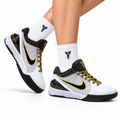 Nike Kobe White Black Gold basketball shoes, on-foot styling illustration