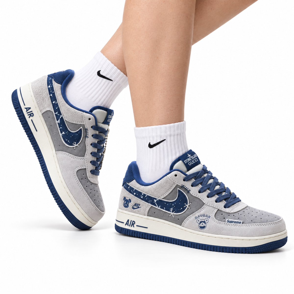 Nike Air Force 1 '07 LV8 Graphic Low-Top Sneakers – Grey/Navy