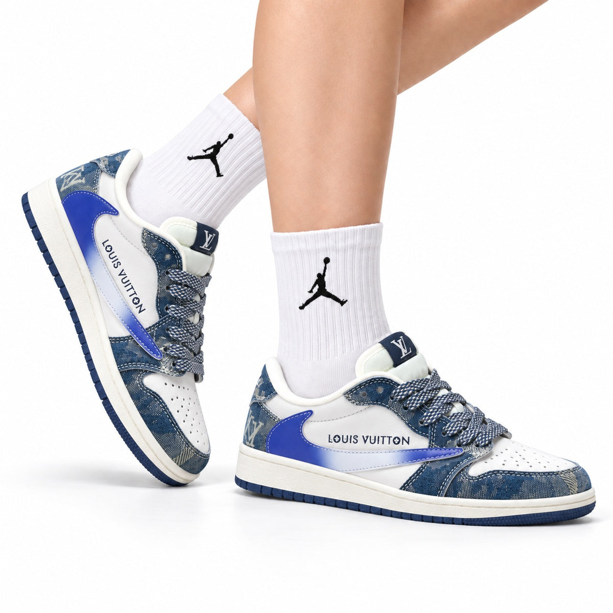 Nike Low-Top Sneakers Blue White Graphic Unisex Collaboration Edition Style 20 white background lifestyle main view