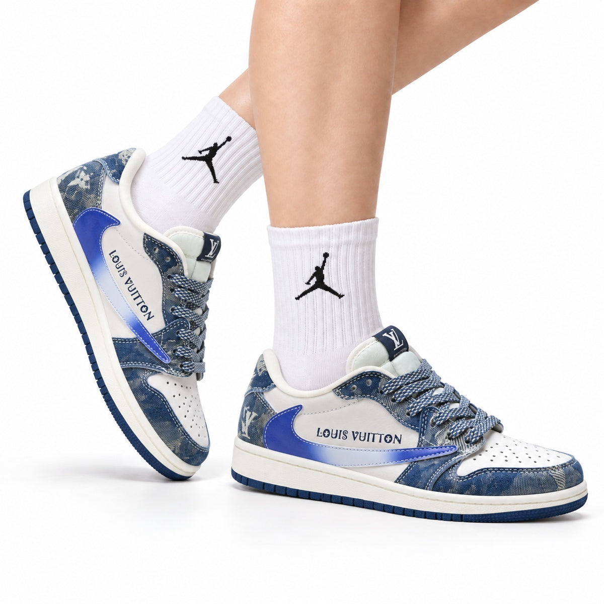 Nike Low-Top Sneakers Blue White Graphic V2 Unisex Collaboration Edition Style 22 white background lifestyle main view