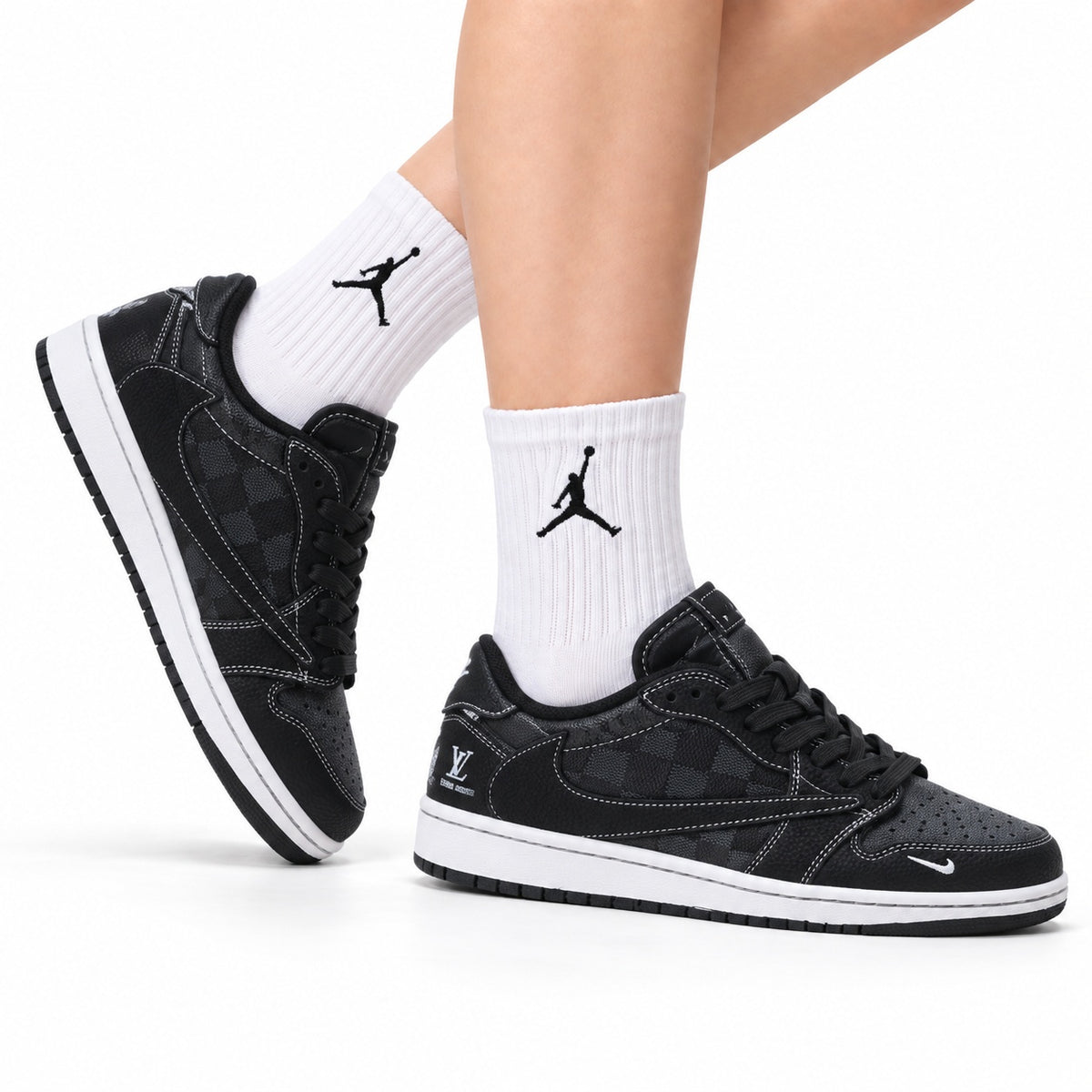 Nike Low-Top Sneakers Triple Black Monogram Unisex Collaboration Edition Style 13 white background lifestyle main view