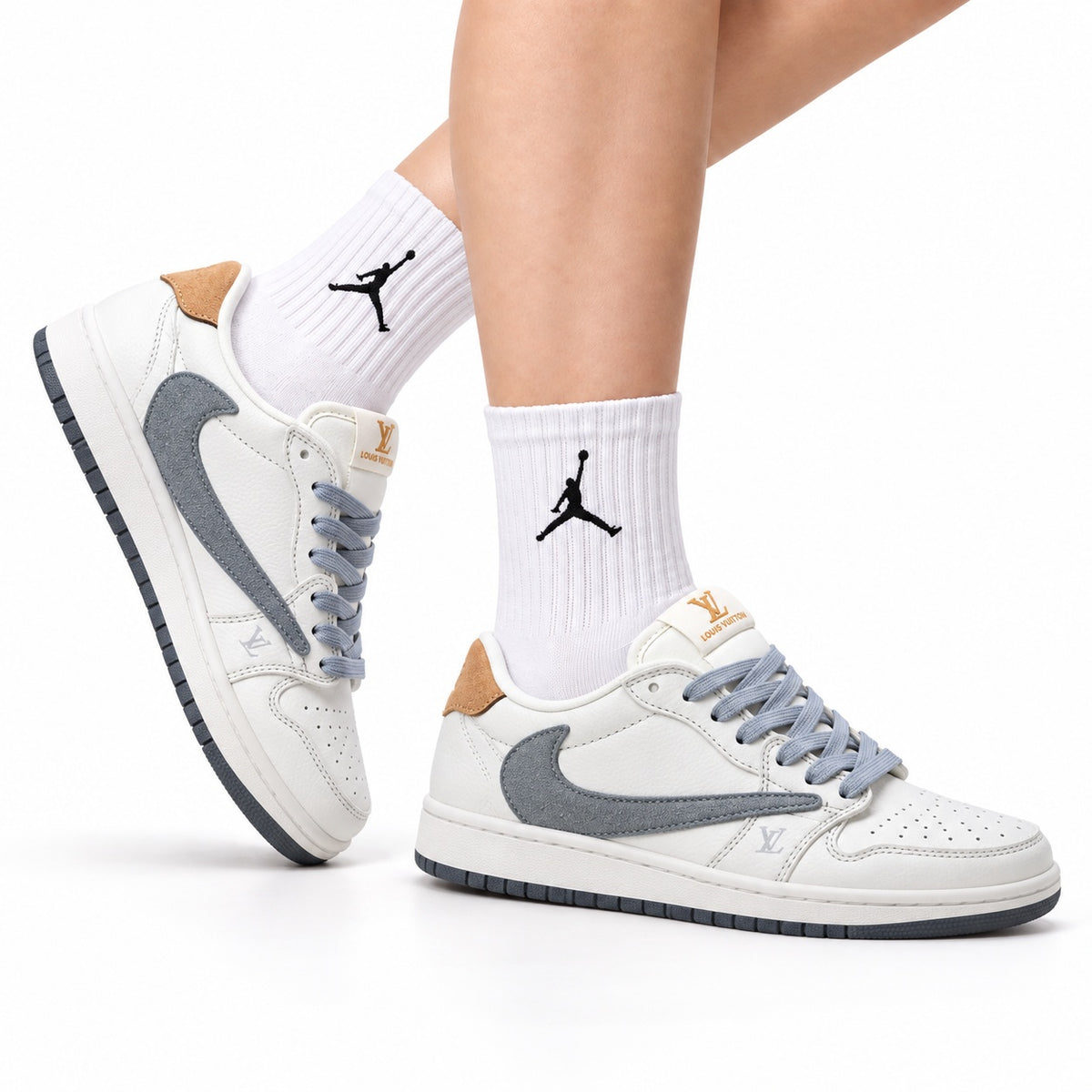 Nike Low-Top Sneakers White Gray Print Unisex Collaboration Edition Style 38 white background lifestyle main view