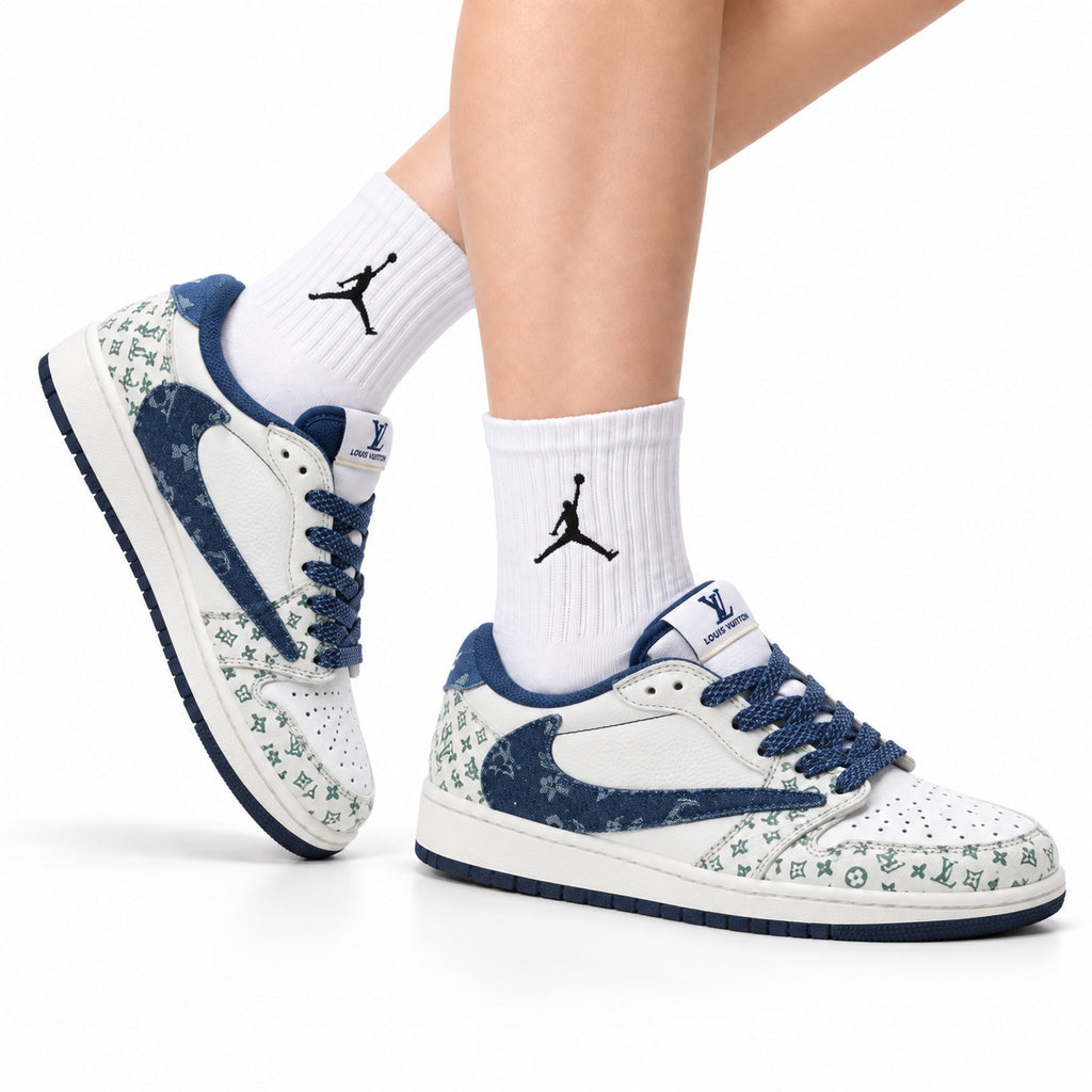 Nike Low-Top Sneakers White Navy Print Unisex Collaboration Edition Style 37 white background lifestyle main view