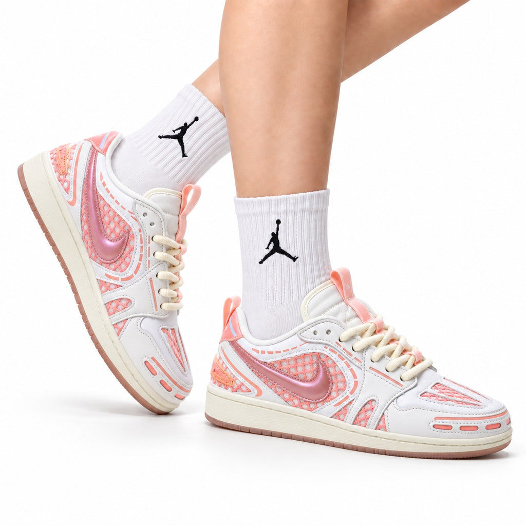 Nike Low-Top Sneakers White Pink Monogram Unisex Collaboration Edition Style 16 white background lifestyle main view
