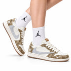 Nike Low-Top Sneakers White Tan Monogram Unisex Collaboration Edition Style 05 white background lifestyle main view