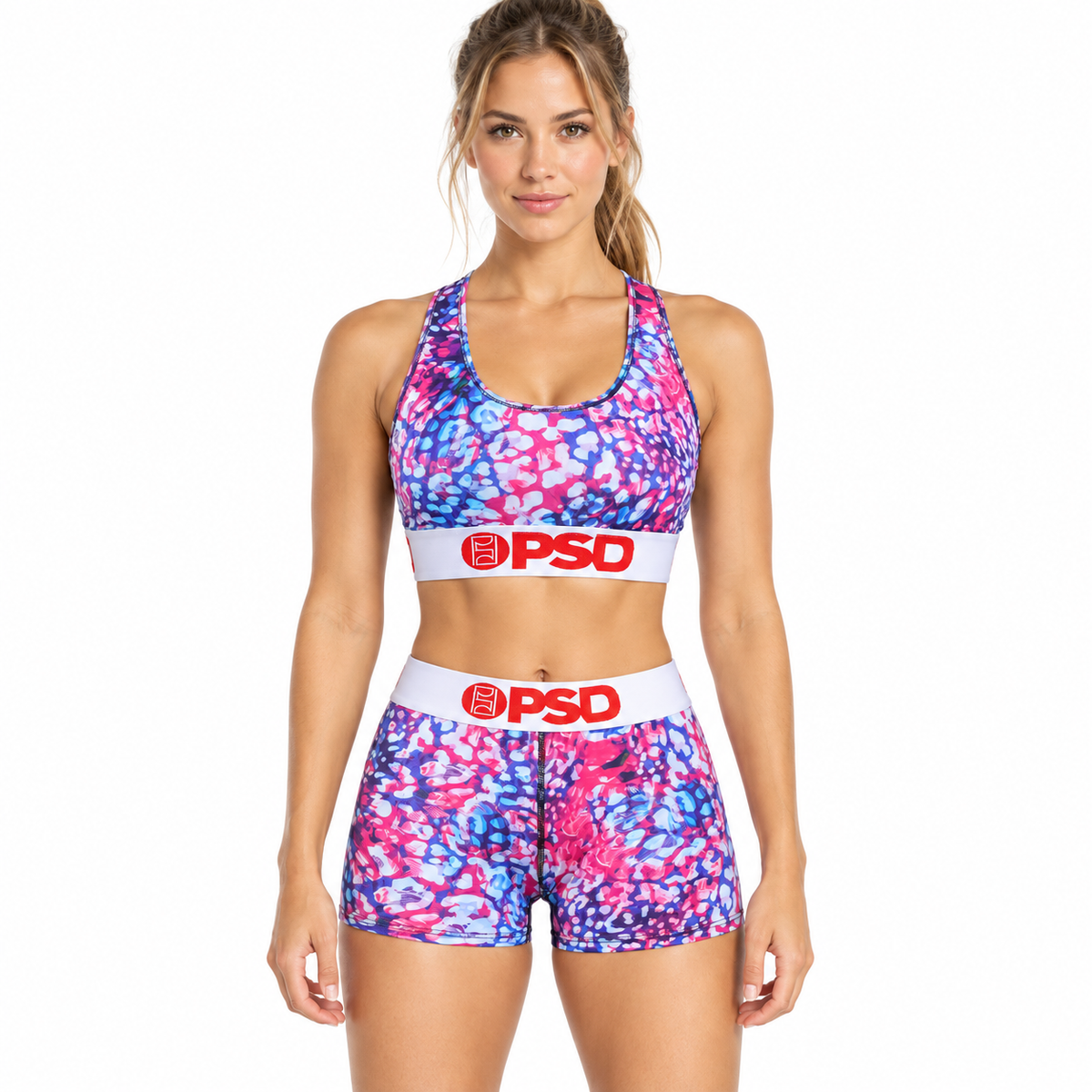 PSD Style Pink Blue Abstract Women's Athletic Set - model front view